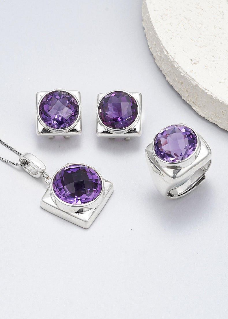 925 Sterling Silver Faceted Amethyst Geometric Hoop Earrings Set