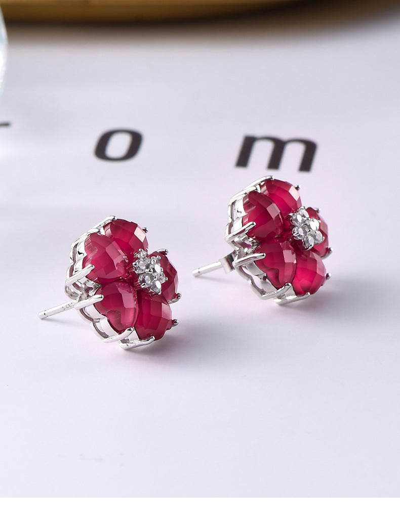 S925 silver heart-shaped redstone stud earrings fashion light luxury simple flower niche gemstone earrings women