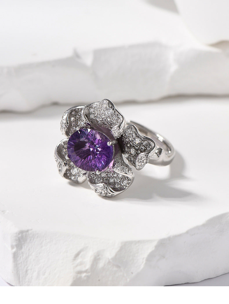 925 Sterling Silver Amethyst Flower Ring - Vintage Design