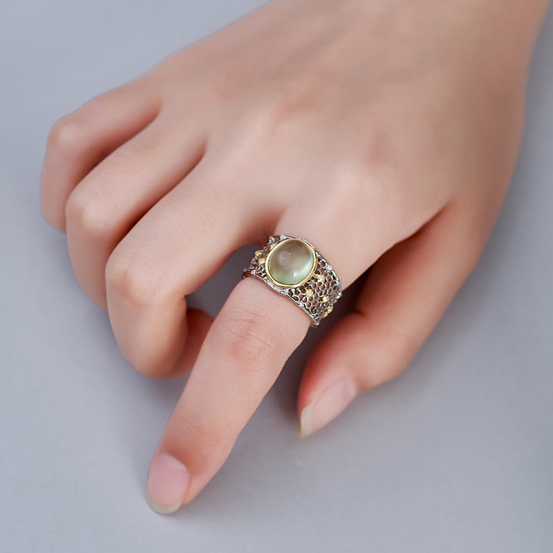Hollow Lace Grape Stone Ring - 925 Silver Wide Band - Retro Geometric Design