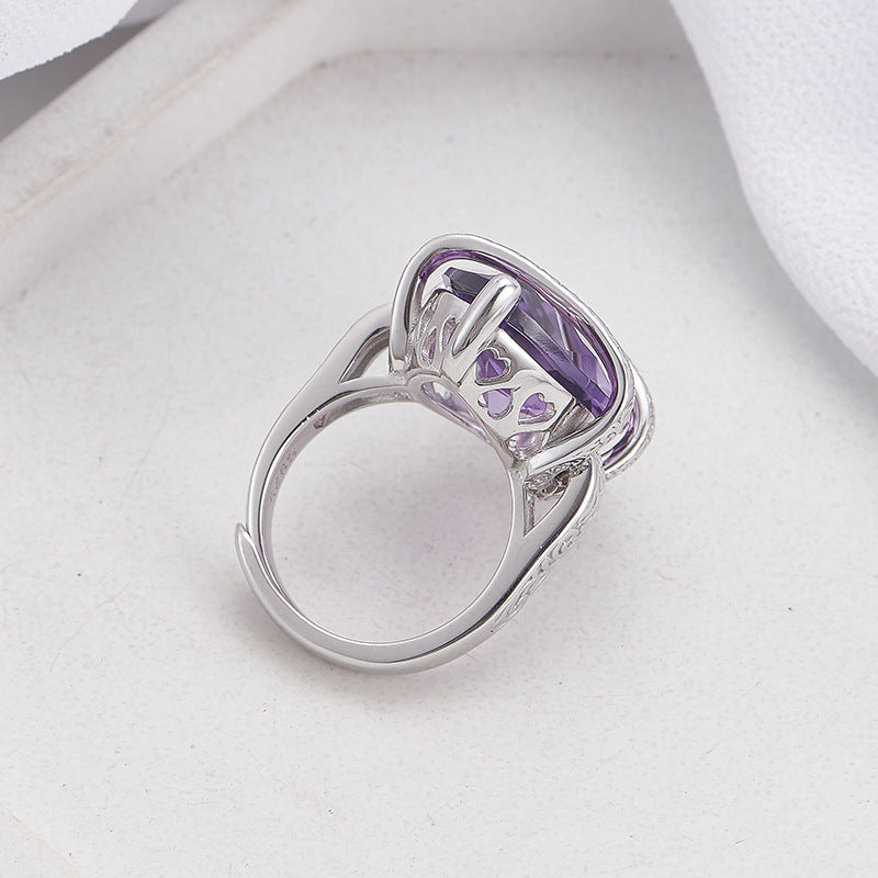925 Sterling Silver Geometric Amethyst Open Ring