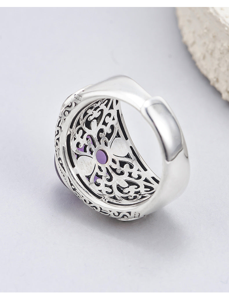 925 Silver Amethyst Adjustable Ring - Floral Vintage Design