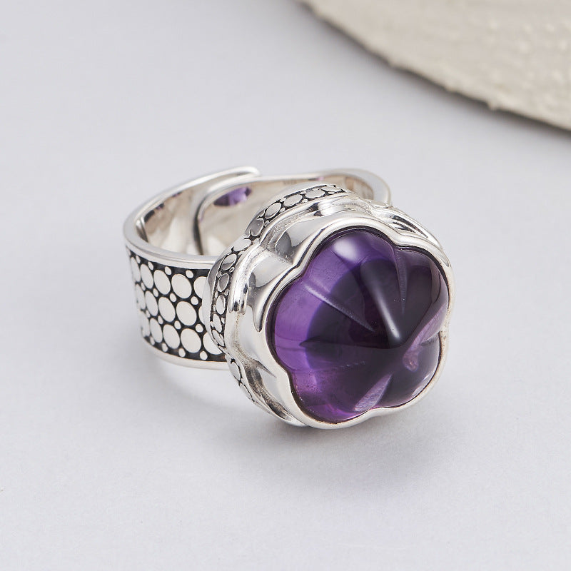 S925 silver natural amethyst plum blossom wide version ring retro niche design tea crystal index finger ring women