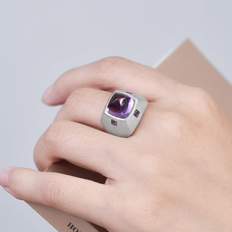 925 Sterling Silver Brushed Amethyst Diamond-Shaped Open Ring