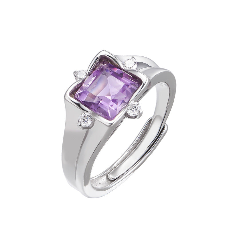 S925 silver natural crystal square ring fashionable versatile niche design adjustable index finger ring women