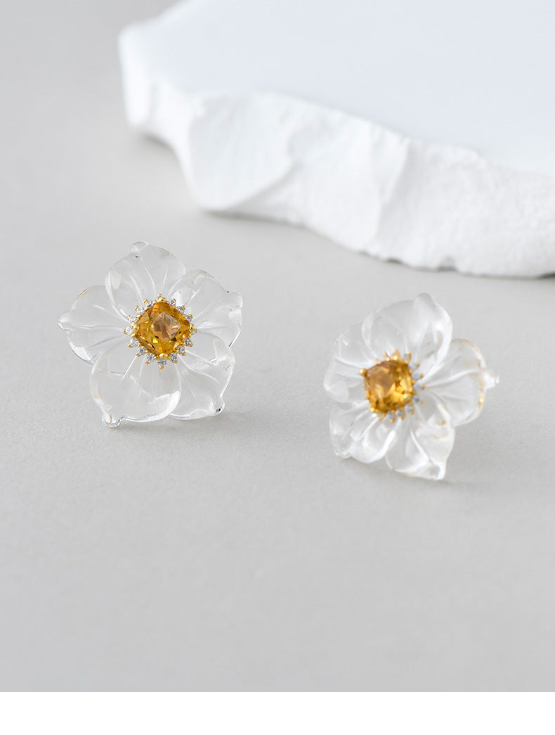 3D Flower Crystal Stud Earrings - 925 Silver Camellia Design - Citrine Accents