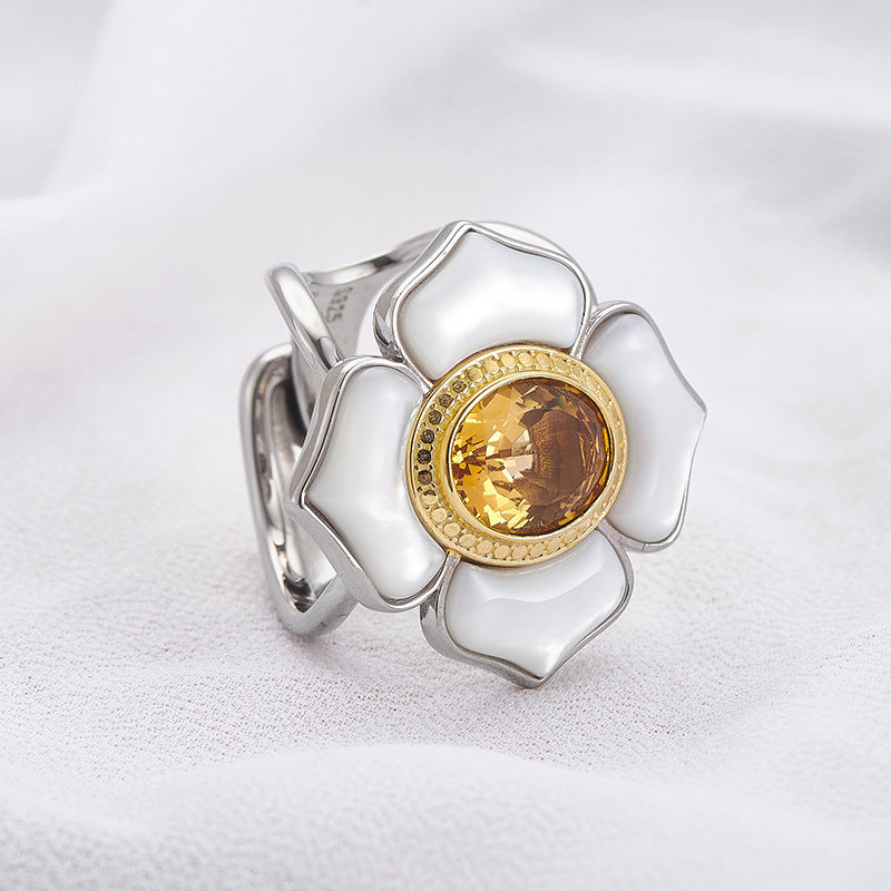 925 Sterling Silver White Shell Camellia Citrine Adjustable Ring