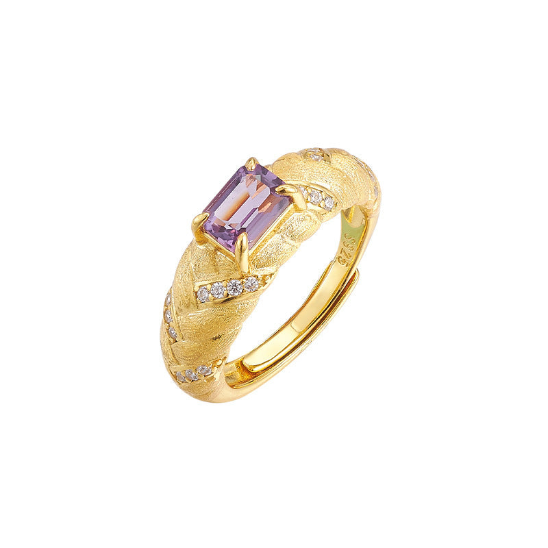 925 Sterling Silver Gold Plated Textured Amethyst Ring - Vintage Design