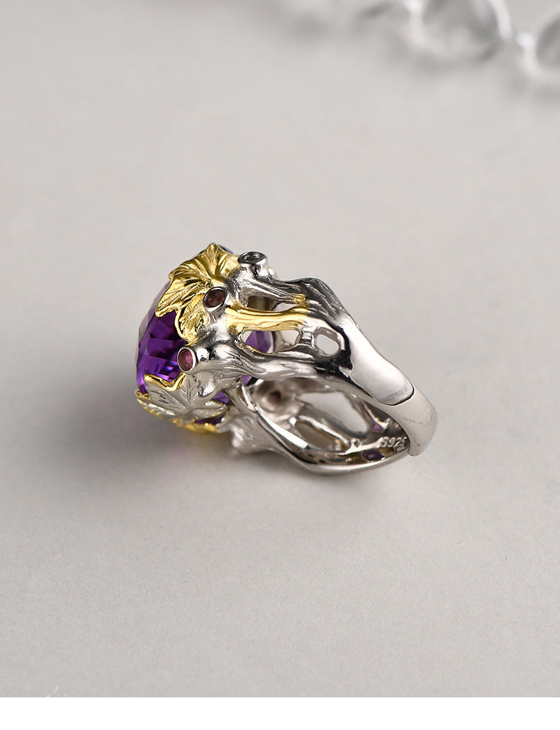 Retro Court Amethyst Ring - 925 Silver Gold-Plated Weave - Heavy Industry Statement Ring