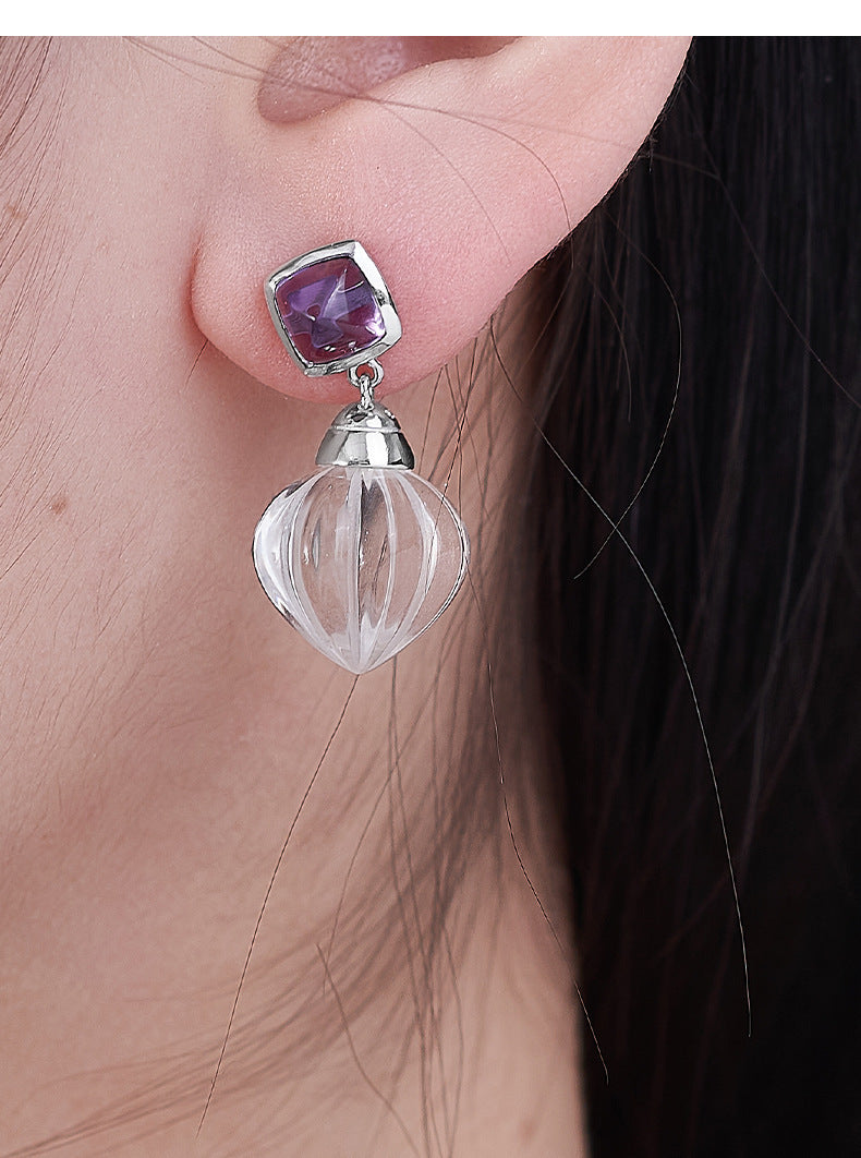 Pumpkin Bead Crystal Stud Earrings - 925 Sterling Silver with White Quartz & Amethyst