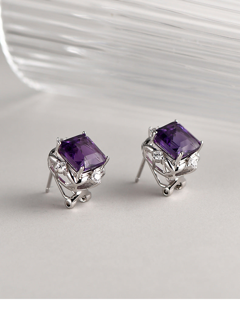 Square Amethyst Stud Earrings - 925 Sterling Silver Minimalist Cube Design