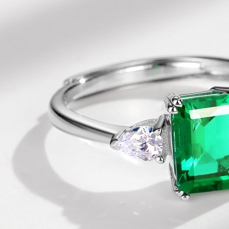 S925 Sterling Silver Princess Square Cultivated Emerald Ring