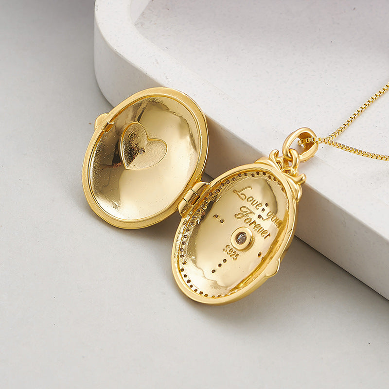 S925 silver pattern oval photo box heart-shaped couple necklace niche texture pendant can be opened for photos