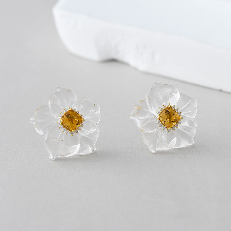 3D Flower Crystal Stud Earrings - 925 Silver Camellia Design - Citrine Accents