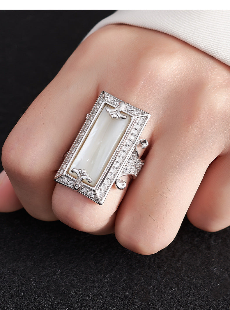 925 Sterling Silver White Shell Rectangular Ring with Crystals