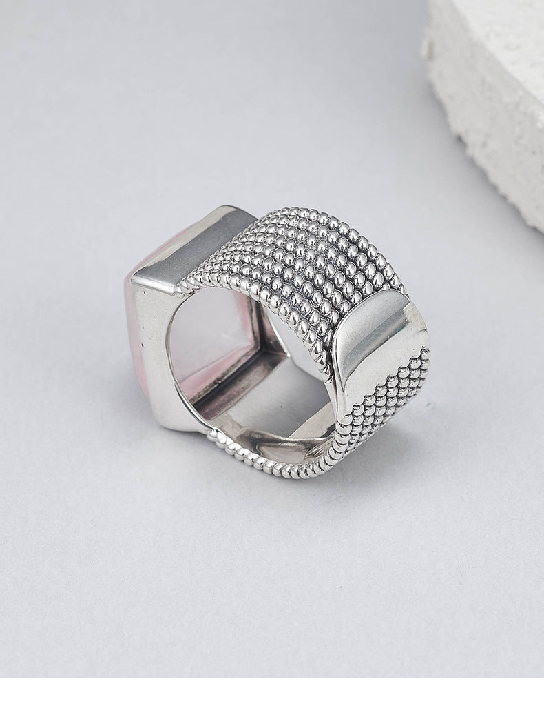 925 Sterling Silver Wide Pink Crystal Square Ring - Minimalist Unisex