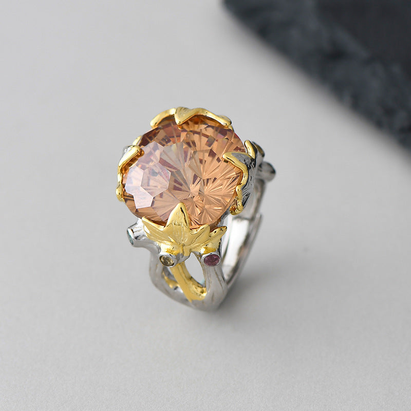 Retro Court Amethyst Ring - 925 Silver Gold-Plated Weave - Heavy Industry Statement Ring