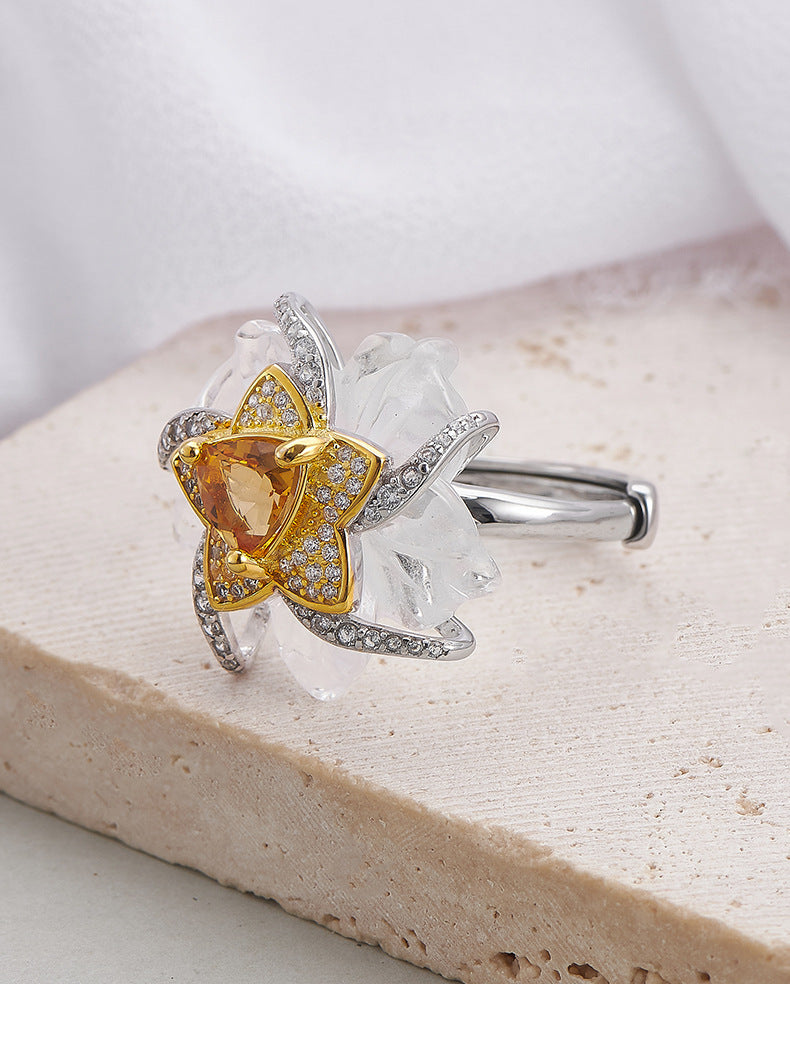 925 Sterling Silver White Crystal & Citrine Flower Ring