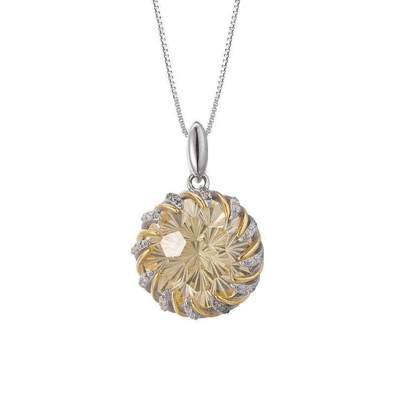 Two-Tone Floral Bud Pendant - 925 Sterling Silver with Yellow Gemstone & Pavé Crystals