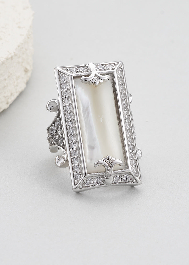 925 Sterling Silver White Shell Rectangular Ring with Crystals