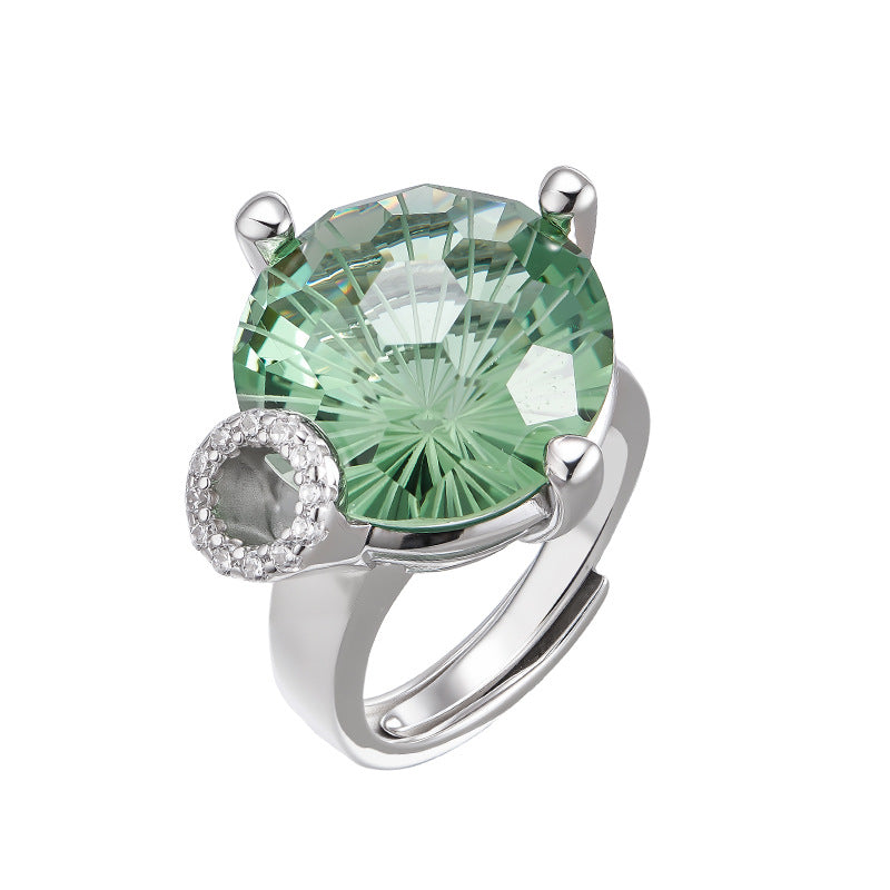 S925 silver light luxury niche design cutting surface round green crystal open ring versatile woman