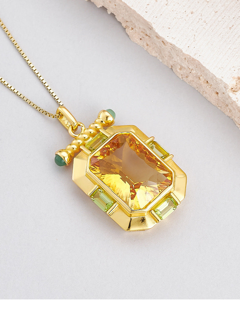 925 Sterling Silver Gold Plated Square Citrine Pendant Necklace