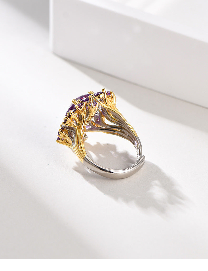Secret Garden Amethyst Flower Ring - 925 Silver Full Diamond - Light Luxury Opening Ring