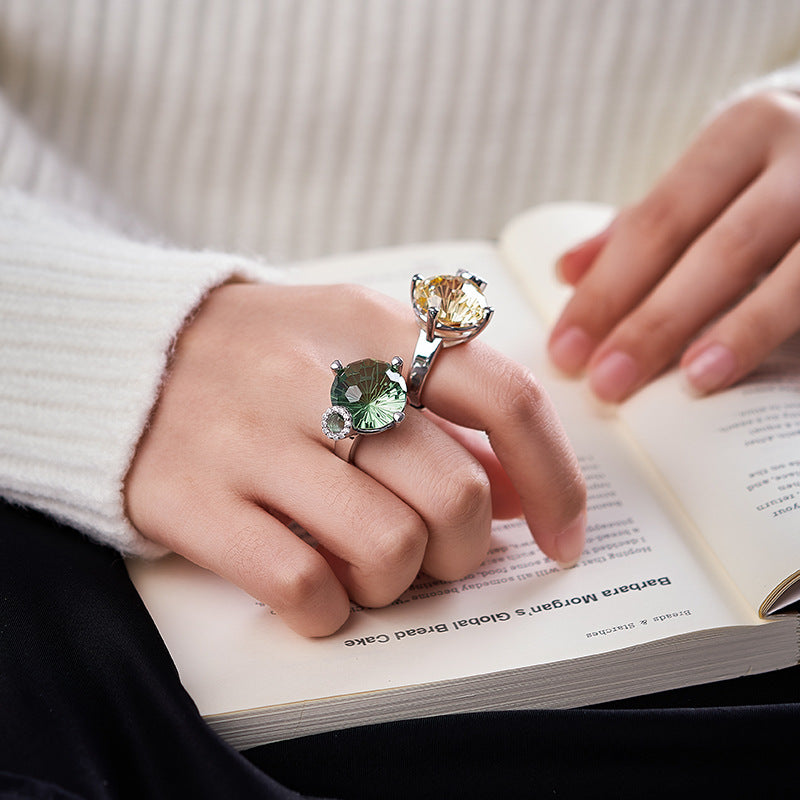 S925 silver light luxury niche design cutting surface round green crystal open ring versatile woman
