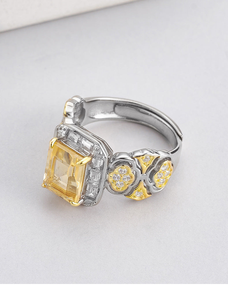 Hollow Flower Citrine Ring - 925 Silver Italian Craft - Geometric Opening Index Finger Ring