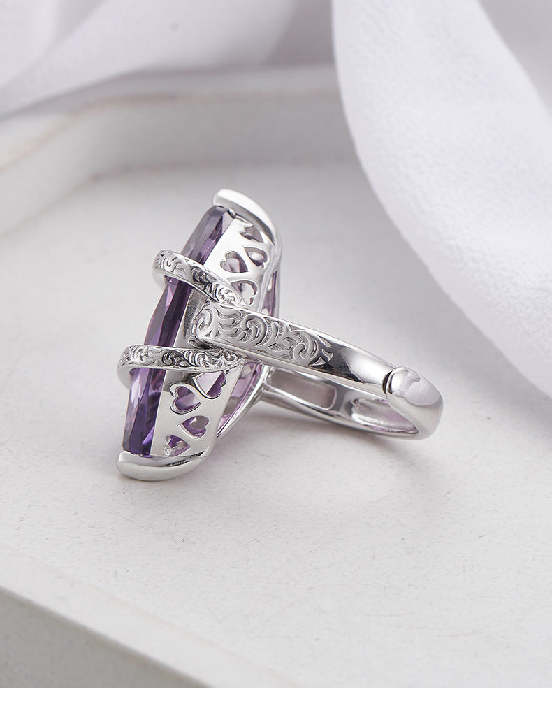 925 Sterling Silver Geometric Amethyst Open Ring