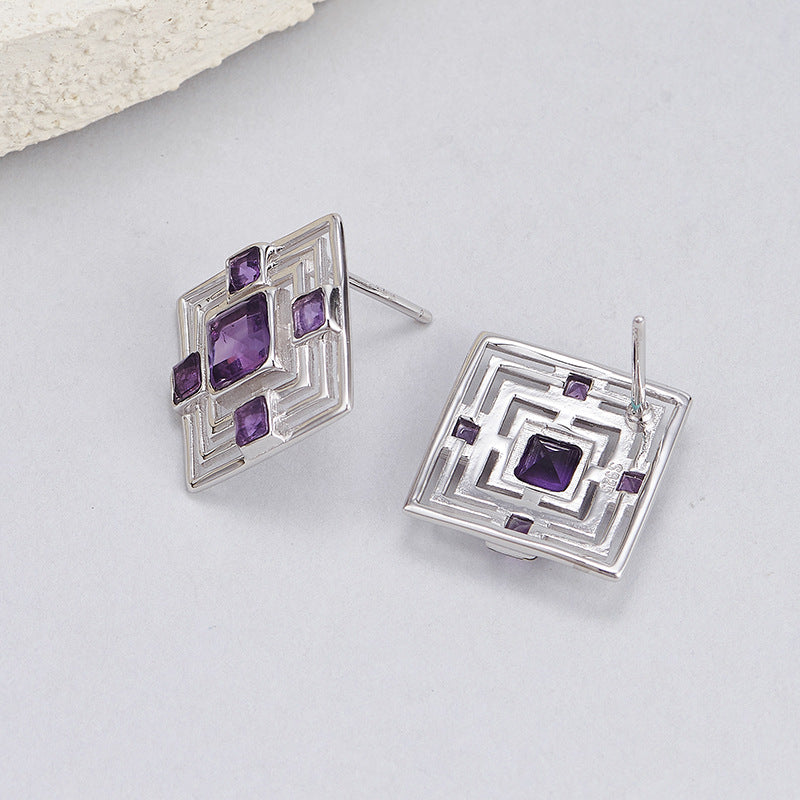 S925 silver natural amethyst stud earrings hollow rhombus high-end temperament versatile earrings light luxury