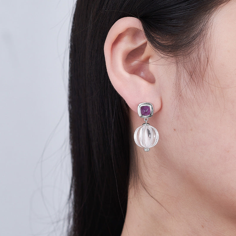 S925 silver rhombus hollow amethyst stud earrings pumpkin beads white crystal earrings simple niche design geometric set