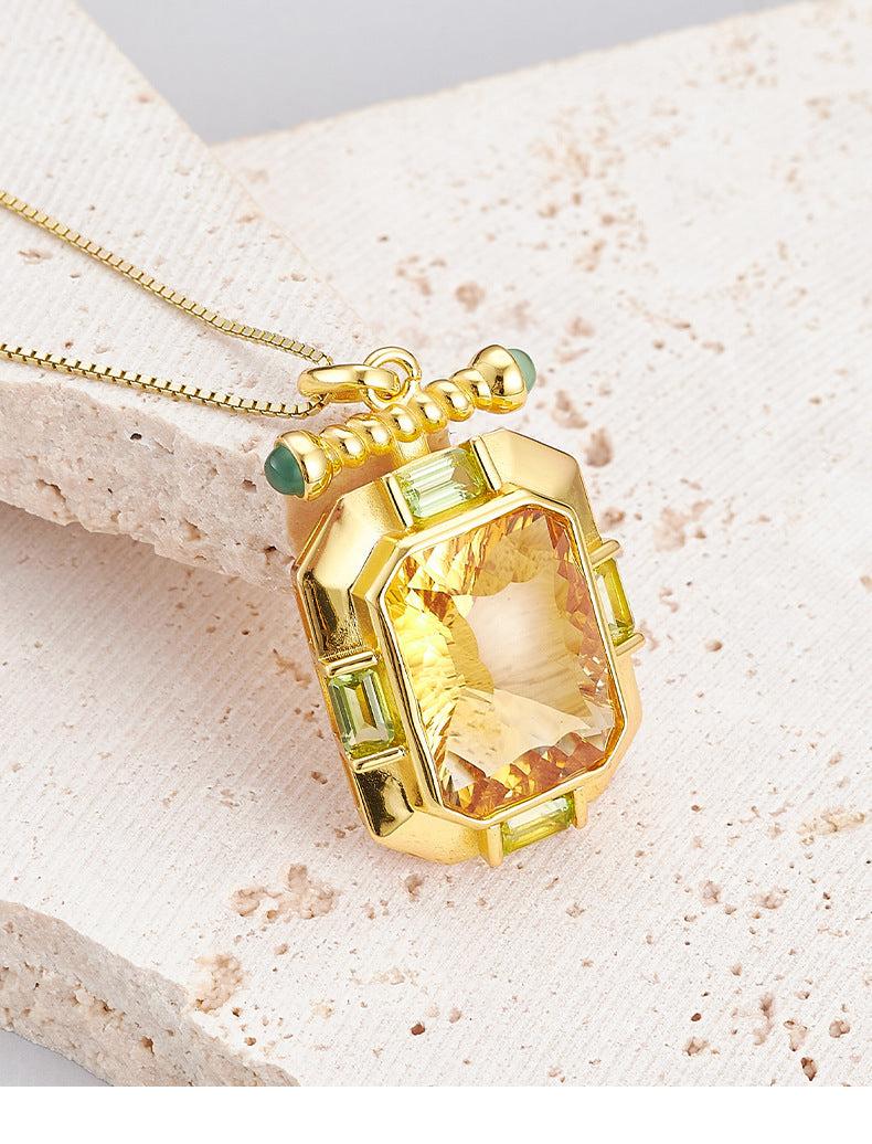 925 Sterling Silver Gold Plated Square Citrine Pendant Necklace