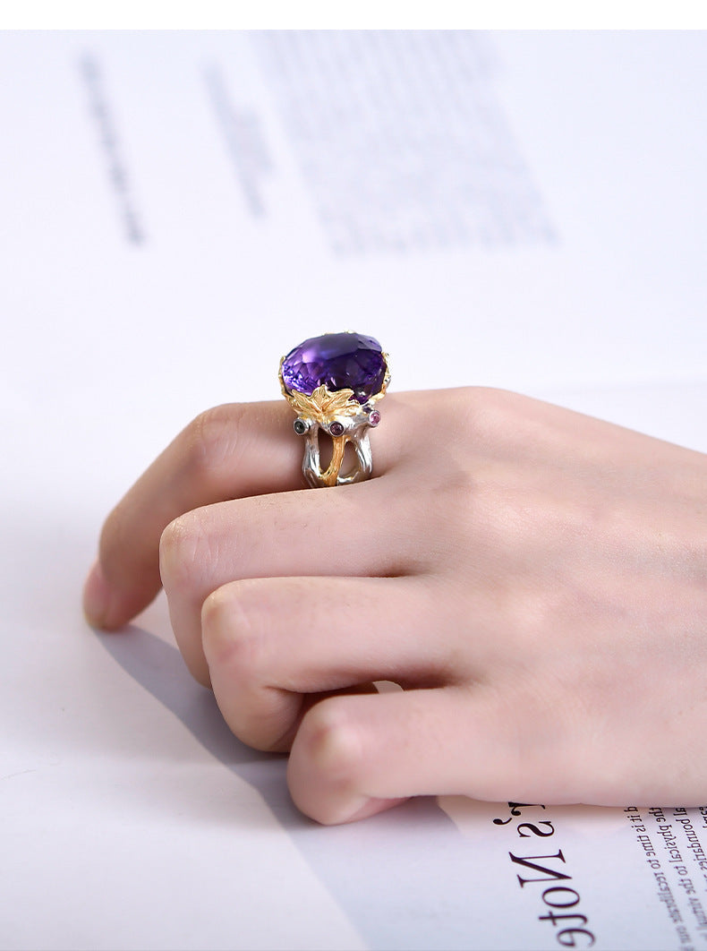 Retro Court Amethyst Ring - 925 Silver Gold-Plated Weave - Heavy Industry Statement Ring