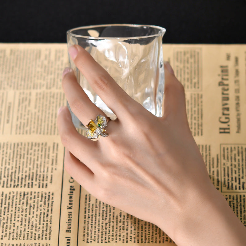 Elephant Citrine Ring - 925 Sterling Silver Adjustable Band with Micro-Pavé Detail