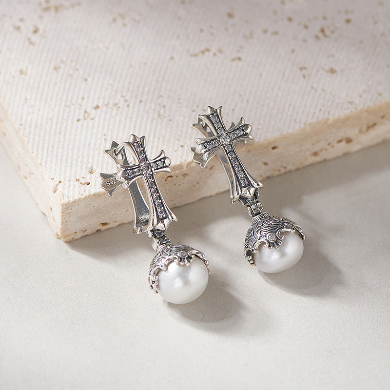 Vintage Inspired Pearl Cross Earrings - Sterling Silver Arabesque Detail - Unisex Clip-On Elegance