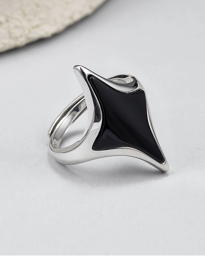 Rhombus Black Agate Ring - 925 Silver Cold Sweet Cool - Geometric Opening Couple Ring