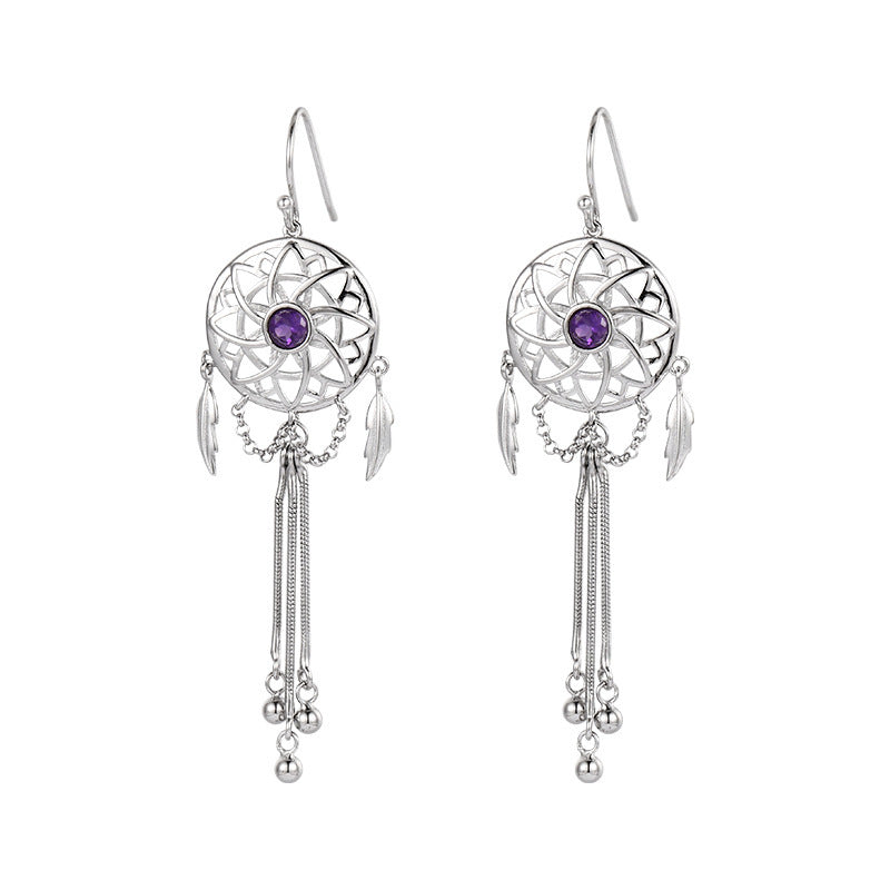 925 Sterling Silver Dreamcatcher Tassel Dangle Earrings - Bohemian Design
