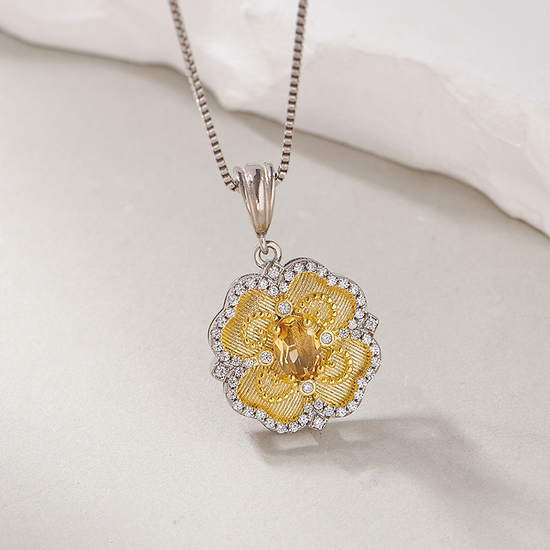 925 Sterling Silver Citrine Lace Pendant Necklace - Elegant Design
