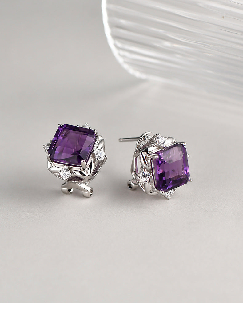 Square Amethyst Stud Earrings - 925 Sterling Silver Minimalist Cube Design