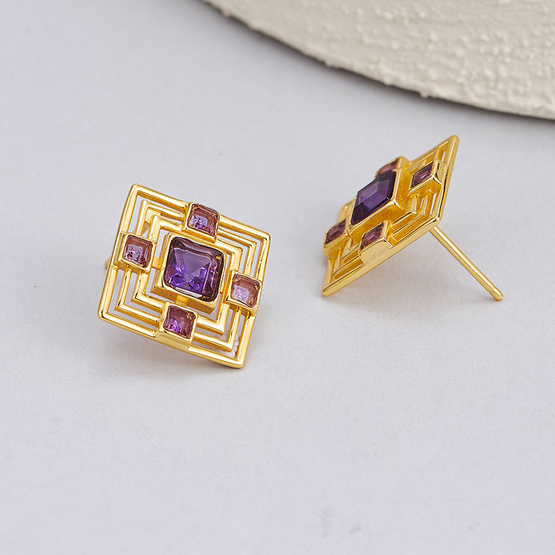 S925 silver natural amethyst stud earrings hollow rhombus high-end temperament versatile earrings light luxury