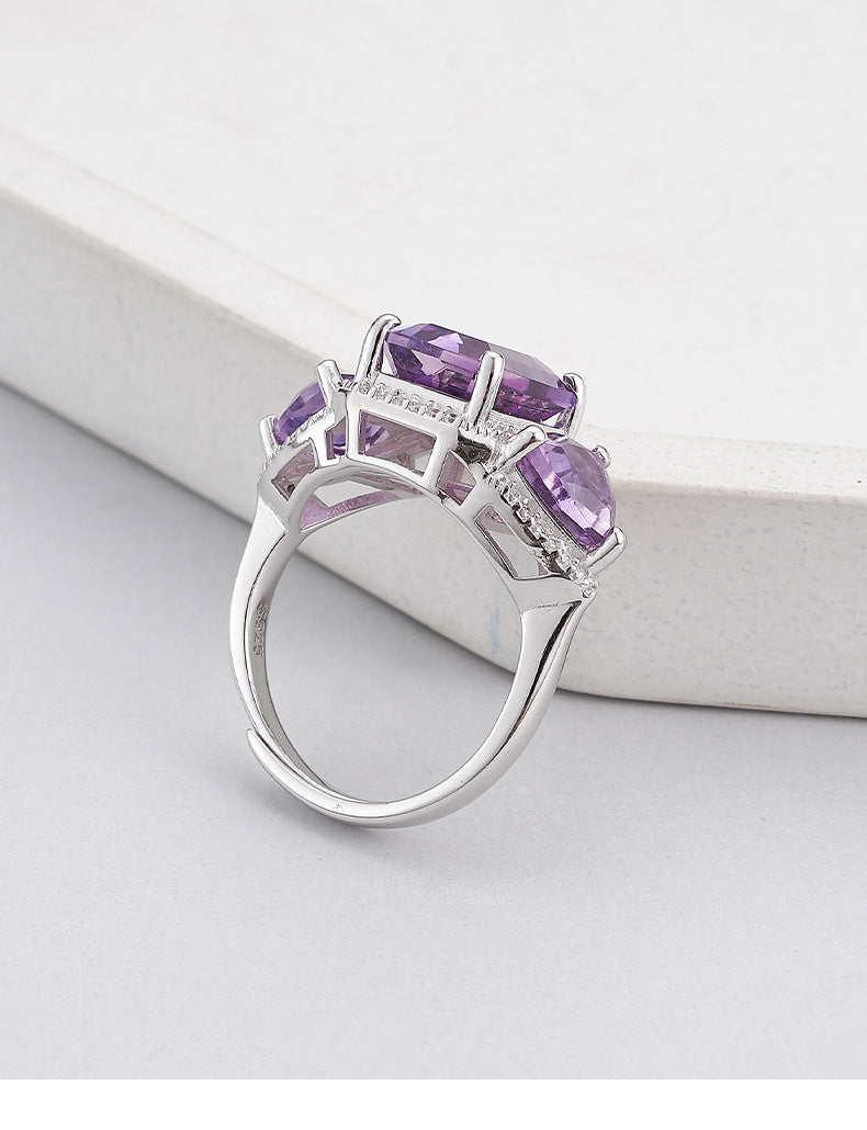 Light luxury niche design geometric ring s925 silver amethyst square fashion temperament versatile open index finger ring