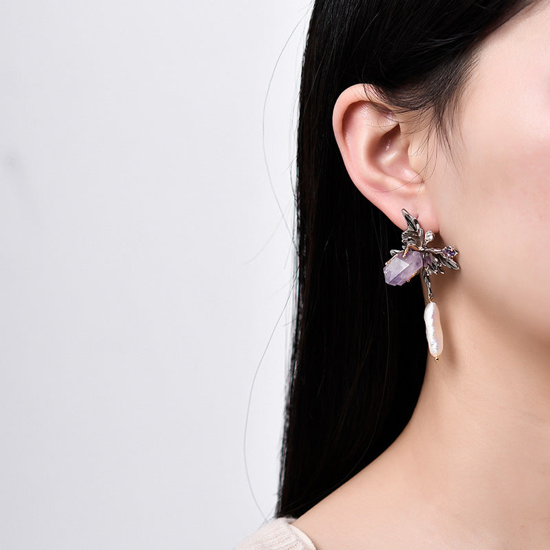 925 Sterling Silver Amethyst Stud Earrings - Baroque Vintage Design