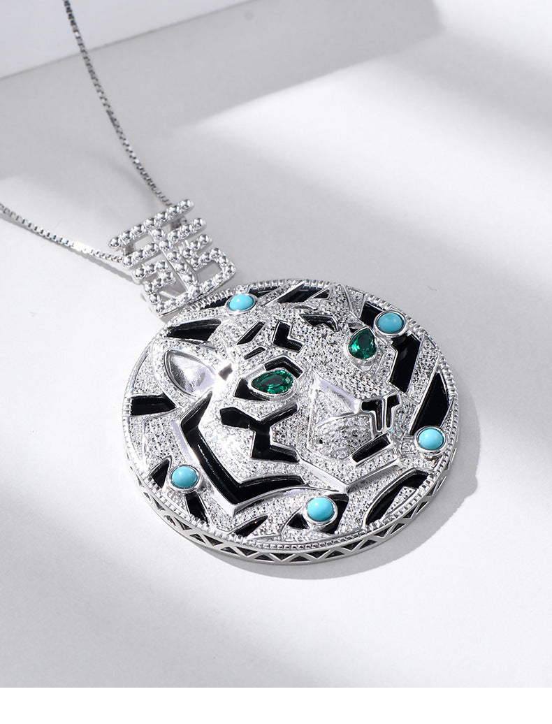 925 Sterling Silver Leopard Black Onyx Pendant Necklace - Statement Design