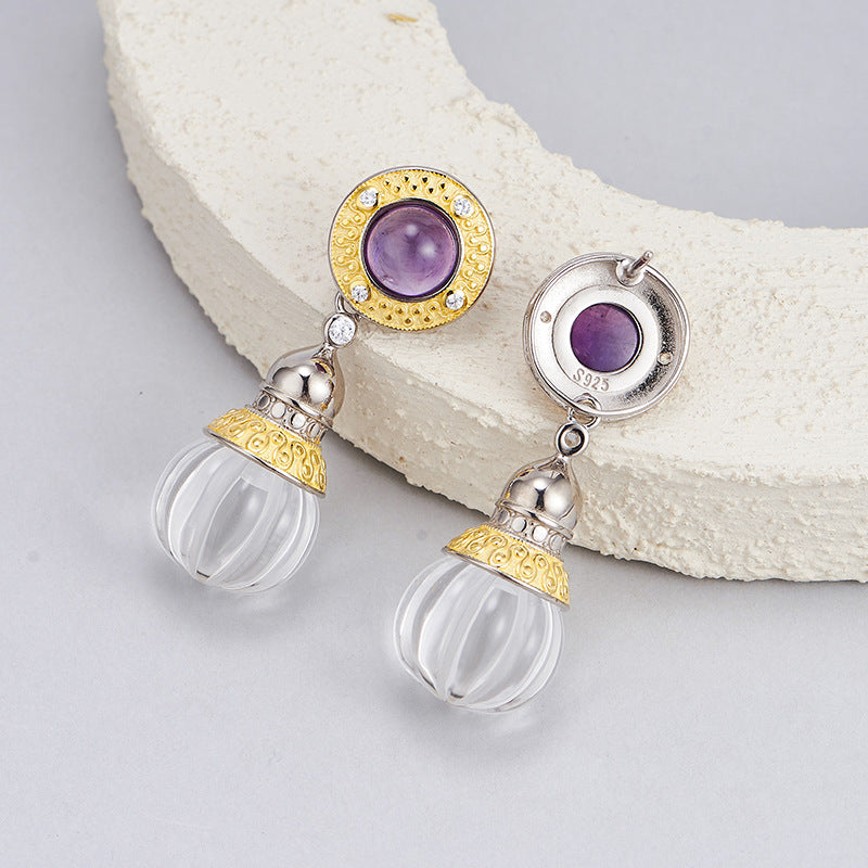 S925 silver natural crystal pumpkin bead earrings retro Italian craftsmanship temperament medieval earrings women
