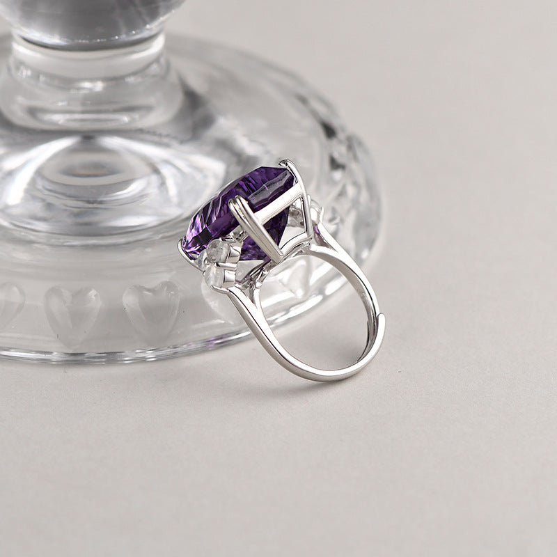 925 Sterling Silver Square Faceted Amethyst Ring - Minimalist Design