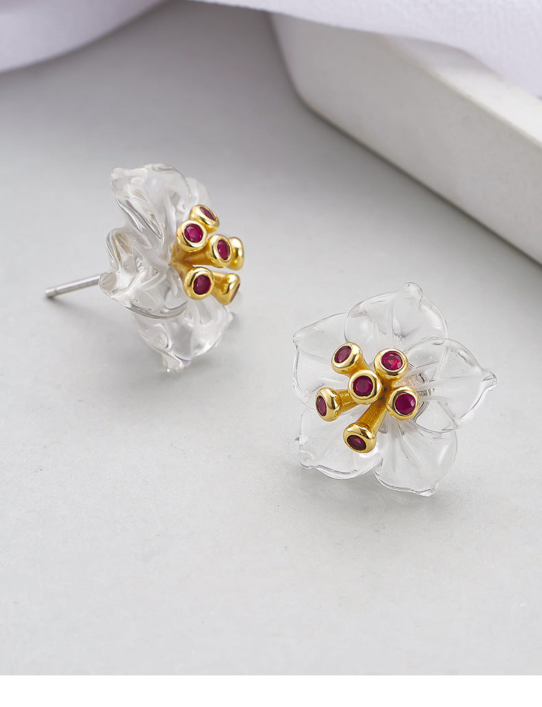 Floral White Quartz & Ruby Ring - 925 Sterling Silver Adjustable Band with Gemstone Accents