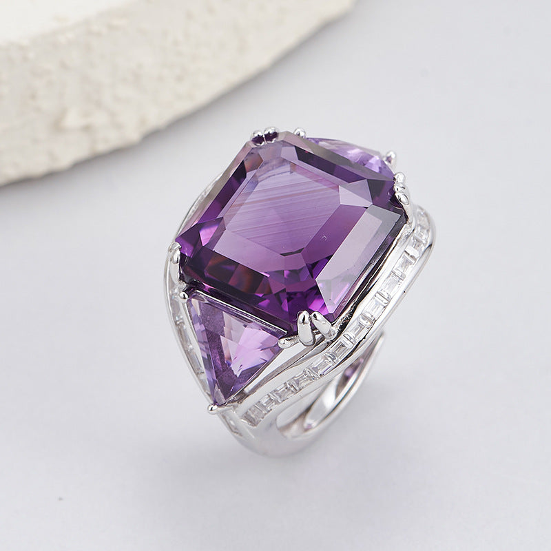 Natural Amethyst Geometric Ring - 925 Silver Flash Diamond - Statement Index Finger Ring