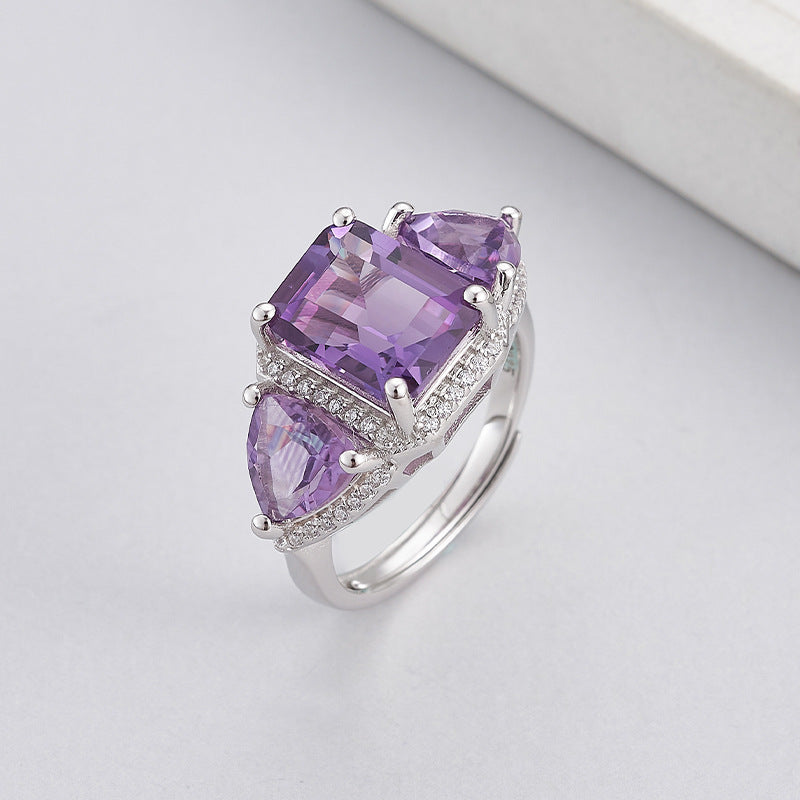 Light luxury niche design geometric ring s925 silver amethyst square fashion temperament versatile open index finger ring