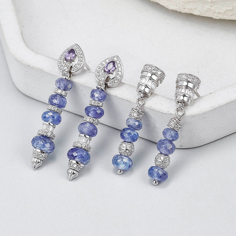 Zircon Long Chain Earrings - 925 Silver Micro-Inlaid - Tanzanite Super Flash Design